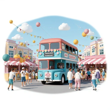 A bustling street festival filled with colorful decorations and lively crowds. In the center, there is a large double-decker bus adorned with vibrant banners and balloons. The bus is painted in bright shades of blue and red, with flower motifs and twinkling fairy lights strung across it. Surrounding the bus, people are dressed in various festive outfits, enjoying food stalls filled with delicious treats. Some individuals are dancing to live music, while children play games and laugh. The atmosphere is lively and energetic, with balloons floating in the air and a clear blue sky above.
