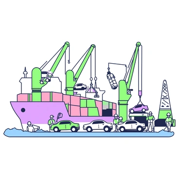 A large cargo ship is docked at a busy port, with several cranes actively unloading cars. The cranes, towering above the ship, are positioned at different angles, each lifting a car and moving it onto the dock. Several cars in various colors are lined up on the dock, waiting to be driven away. In the background, a row of shipping containers can be seen stacked high, while other vessels are anchored nearby. Workers in safety vests are supervising the unloading process. The scene is bustling with activity, showcasing the operations of a port.