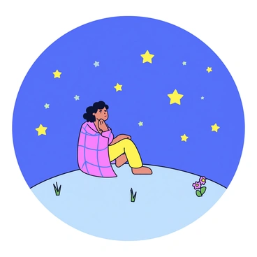 An individual sitting on a grassy hilltop. The person is gazing thoughtfully at the night sky filled with bright stars. The figure is wrapped in a cozy, patterned blanket for warmth. The hill is gently sloping, and there are a few scattered wildflowers around the base. The stars are twinkling, creating a sense of wonder and contemplation.