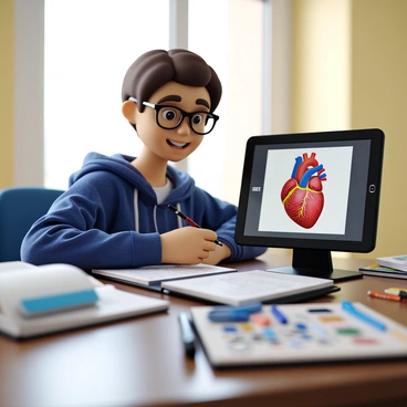 A student with short brown hair and glasses sits at a desk, focused on creating a digital illustration of a human heart on a tablet. The tablet displays a detailed, colorful representation of the heart, complete with arteries and veins. The student is wearing a blue hoodie and is surrounded by art supplies, including sketchbooks and pens. Soft light filters through a nearby window, illuminating the workspace and emphasizing the student’s concentration.