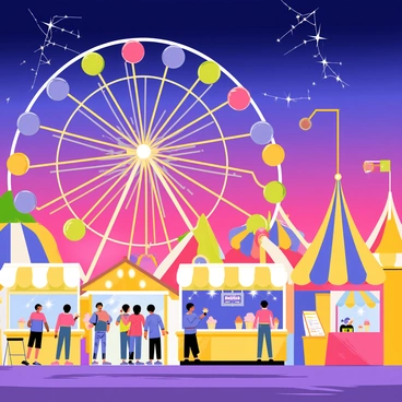 A vibrant carnival scene filled with a variety of spinning rides in bright colors. The rides include a large Ferris wheel with multicolored lights illuminating the twilight sky. Stalls lined with colorful awnings are filled with people enjoying cotton candy and popcorn. Strings of sparkling lights hang above, creating a festive atmosphere. Above the carnival, the sky transitions from deep blue to shades of purple and pink, adding to the lively environment.
