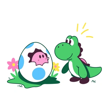 A green Yoshi is standing on a patch of grass, intently watching an egg begin to crack open. The egg is white with large blue spots, and the cracks are widening as a small pink baby Yoshi starts to emerge. The baby Yoshi's tiny eyes are peeking out from the egg's shell, with its cute little snout just visible. The scene is vibrant, with a few colorful flowers blooming around and the sunlight creating a cheerful atmosphere. Yoshi's expression is one of excitement and anticipation, as it leans slightly forward, eager to greet the new arrival.
