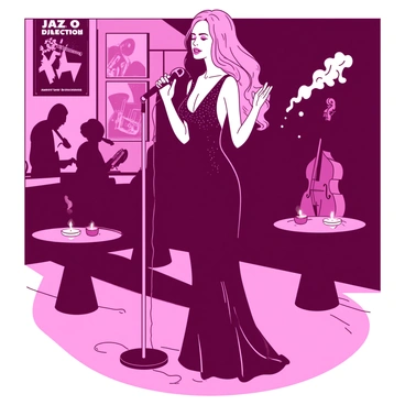 A pink jazz singer with flowing hair is standing on a small stage in a dimly lit lounge. She is wearing a long, elegant black dress adorned with sequins that catch the soft light. A microphone is positioned in front of her as she holds it delicately with one hand, her other hand gesturing expressively. Around her, there are tables with small candles flickering, creating a warm atmosphere. In the background, shadows of musicians playing a saxophone and a double bass can be seen, enhancing the vibrant yet intimate setting. Smoke gently drifts through the air, partially obscuring the dark walls adorned with vintage jazz posters.