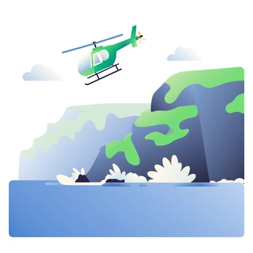 A helicopter in vibrant green and white colors is flying parallel to dramatic coastal cliffs. The cliffs are rugged and steep, with jagged edges and patches of green vegetation. Below, waves are crashing against the rocky shore, sending white foam into the air. The ocean is a deep blue, with layers of lighter blue closer to the shore. The sky above is clear with a few scattered clouds, enhancing the sense of height and vastness of the scene.