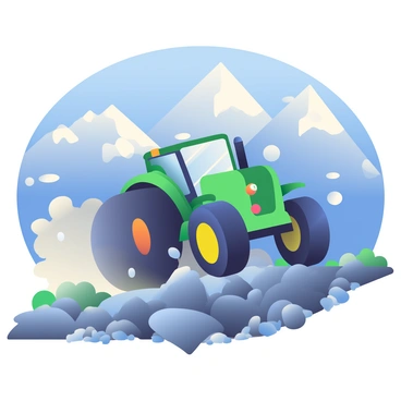 A rugged green tractor is climbing a rocky mountain trail. The tractor has large, thick tires that grip the uneven terrain. Dust is being kicked up behind it as it makes its ascent. In the background, there are towering snowy peaks under a clear blue sky. The mountains have jagged edges, and patches of snow are visible on their slopes. The rocky trail is lined with small stones and sparse vegetation, adding to the ruggedness of the scene.