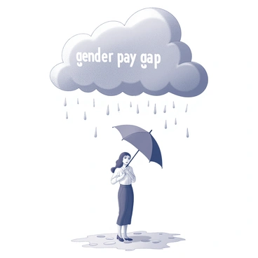 A large, billowing raincloud hangs overhead. The cloud is intricately designed with the label "gender pay gap" clearly visible on its surface. Below the cloud, a woman stands, holding a sturdy umbrella that she has raised above her head. The umbrella is open, providing her with some protection, yet the rain falling from the cloud is sparse, indicating an unequal distribution. The woman has a serious expression as she looks up at the cloud, illustrating a sense of contemplation or concern about the situation. The ground beneath her shows patches of dry soil, contrasting with the small droplets of rain falling from the cloud.