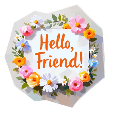A postcard design featuring the greeting "Hello, Friend!" in a decorative botanical font at the center. The text is surrounded by intricate floral borders composed of various flowers such as daisies, roses, and ferns. The colors of the flowers are vibrant, including shades of pink, yellow, and blue. The background of the postcard is a soft, pastel hue, which enhances the overall decorative feel of the composition. The floral elements intertwine gracefully around the edges, creating an inviting and warm atmosphere.