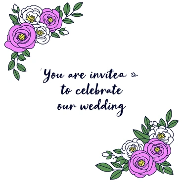 A wedding invitation with a white background. In each corner, there is a lush floral bouquet featuring a variety of flowers, including roses, peonies, and greenery. The bouquets are rich in color, incorporating shades of pink, white, and green. The text in the center of the invitation reads "You are invited to celebrate our wedding" in an elegant font. The overall layout is balanced and harmonious, with the floral designs framing the text beautifully.