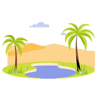 A tranquil desert oasis featuring a small, circular pond with clear blue water at the center. The pond is surrounded by clusters of tall, green palm trees with wide fronds. Lush green grass, dotted with colorful wildflowers, grows around the edge of the pond. In the background, rolling sand dunes stretch into the distance under a bright blue sky. A few fluffy white clouds float gently above the oasis.