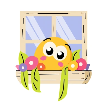 A curious peep peeking out from a quaint window with flower boxes