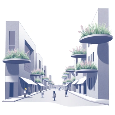 A street with a contemporary design, featuring sleek, reflective surfaces and innovative architecture. Along both sides of the street, there are multiple levels of "floating gardens" suspended from the structures above. These gardens are filled with various plants, including tall grasses and vibrant flowers, all meticulously arranged in geometric patterns. Pedestrians can be seen walking along the street, some stopping to admire the gardens overhead. The sky is clear, enhancing the modern setting of this urban environment.