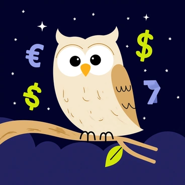 An owl with large, round eyes and intricate feather patterns is perched on a textured brown tree branch. The background features a dark blue night sky sprinkled with twinkling stars. Surrounding the owl are various floating currency symbols, including a dollar sign, euro sign, and yen symbol, each depicted in bright colors such as green, blue, and yellow, giving a whimsical contrast to the night scene.