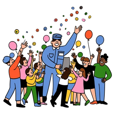 A mailman with light skin and short brown hair is participating in a local parade. He is wearing a blue postal uniform and a cap. He is smiling and tossing colorful candies into the crowd. The crowd is diverse, including children and adults, all reaching out with excitement for the candy. Bright decorations and balloons can be seen in the background, adding to the festive atmosphere.