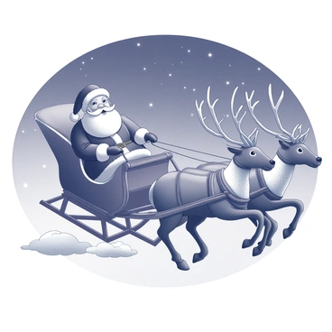 Santa Claus is seated in a traditional sleigh. The sleigh is richly decorated and has an ornate design with curved edges. He is dressed in his classic red suit with white fur trim. A team of reindeer, with antlers prominently displayed, is harnessed to the front of the sleigh. The night sky is filled with stars, creating a backdrop that emphasizes the magical atmosphere. The sleigh is in motion, gliding smoothly through the air, with clouds trailing behind it. Santa holds the reins firmly, guiding the reindeer as they soar through the sky, "Ho ho ho!" echoing in the night.