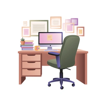 A cozy home office scene featuring a wooden desk with a sleek, modern computer placed on it. The desk is cluttered with several colorful books stacked neatly beside the computer. A warm, inviting coffee mug with a floral design is resting next to the books. There is a comfortable, ergonomic chair pulled up to the desk. The wall behind the desk is adorned with framed pictures and motivational quotes. A small potted plant sits on the corner of the desk, adding a touch of greenery to the space. A soft, warm light is illuminating the entire room, creating an inviting atmosphere.