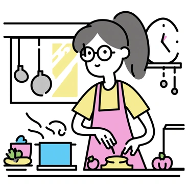 A cartoon girl with large round glasses is standing in a bustling kitchen. She has long brown hair tied up in a ponytail and is wearing a bright red apron over a yellow shirt. She is stirring a pot on the stove, with steam rising from it. Various colorful vegetables are scattered around her on the countertop. In the background, there are pots and pans hanging from a rack, and a window showing the sun shining outside. A clock on the wall reads 5:00, indicating it's dinner time.