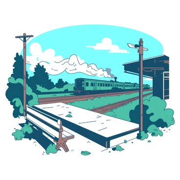 A deserted train station with a single train approaching in the distance