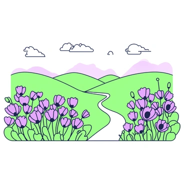 A field filled with vibrant poppies swaying gently in the breeze. The flowers are varied in height, creating a dynamic landscape. In the foreground, clusters of poppies are densely packed, while in the background, the field stretches out, gradually fading into distant rolling hills. The sky above is clear, and a few clouds are scattered. A winding path cuts through the field, leading the viewer’s eye into the scene. A soft breeze is suggested by the gentle movement of the petals. The overall composition conveys a sense of tranquility and natural beauty.