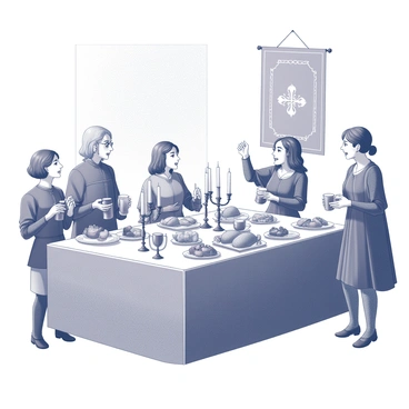 A grand banquet table is set prominently in the center of the image, covered with an assortment of food including roasted meats, loaves of bread, and various fruits. The table is adorned with ornate candelabras casting soft shadows. Surrounding the table are several characters dressed in detailed medieval attire, including tunics, dresses, and cloaks. Each character displays distinct hairstyles and accessories, engaging in conversation and laughter. The atmosphere suggests a lively celebration, with one character raising a goblet, while another is seated and serving food. A large tapestry hangs in the background, adding to the medieval ambiance.