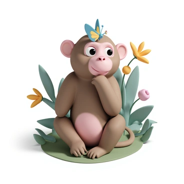 A gentle baboon, with soft brown fur and a calm expression, sits on a grassy patch. It has a noticeable pink bottom and a long, curled tail. A colorful butterfly, with vibrant blue and yellow wings, has landed delicately on its nose. The baboon's large eyes are wide with curiosity, and its ears are perked up as it watches the butterfly closely. The surrounding environment is lush, with green foliage and hints of bright flowers in the background. The sunlight filters through the leaves, casting dappled shadows on the baboon and the ground.