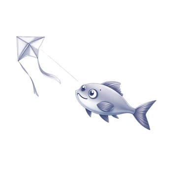 A fish with a round body and distinct fins is airborne, suspended in mid-flight. The fish has a cheerful expression, with its large eyes sparkling with delight. Attached to the fish is a colorful kite that is shaped like a starfish, with five elongated arms radiating outwards. The kite is gently swaying in the breeze, trailing a long, flowing tail behind it. The background features a clear sky, allowing the scene to focus on the whimsical interaction between the fish and its starfish kite.