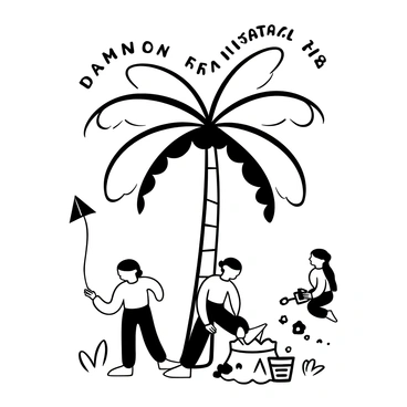 A large date palm tree stands prominently, casting a wide shade on the ground. Several children are playing on the grass beneath the tree, engaging in various activities. One child is flying a kite, while another is tossing a beach ball. A third child is sitting on the ground, building a small sandcastle with a bucket and shovel. The surrounding area is filled with scattered leaves and small stones, adding texture to the scene. "Enjoying a sunny day" is written in playful letters above the tree.