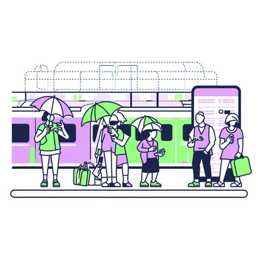 A busy train station platform is filled with passengers waiting for their trains. Some passengers are huddled together under large umbrellas, which are open above them. Others are standing with their umbrellas leaning against their sides. The platform has benches lined along the sides, and a large digital information board displays train schedules. A few passengers are checking their phones, while others are engaged in conversation. The ground is shiny from the rain, reflecting the figures and umbrellas above. A train can be seen in the background, preparing to depart from the station.