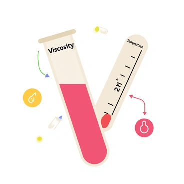 An informative illustration showcasing the properties of blood. The image features a large transparent test tube filled with bright red blood, labeled with "Viscosity" in bold letters above it. Beside the test tube, there is a thermometer displaying a reading of "37°C" with the label "Temperature." The background includes simple icons representing other properties of blood, like pH and oxygen content, with small arrows pointing to each one for clarity. The overall composition is organized and easy to understand, designed to convey essential information about blood properties visually.