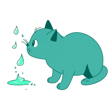 A teal cat with bright, curious eyes is leaning forward, its nose just inches away from a few small, white milk droplets. The droplets are suspended in the air, glistening as they catch the light, creating a playful scene. The cat's whiskers are twitching, and its ears are perked up in excitement, clearly intrigued by the milk. The background is softly blurred to keep the focus on the cat and the droplets, emphasizing the moment of anticipation.