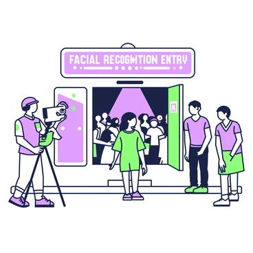 A concert venue is bustling with activity as attendees line up outside. A large electronic screen displays the words "Facial Recognition Entry" in bold letters. In the foreground, a facial recognition camera is mounted on a sleek stand, aimed at a crowd of people. One person stands directly in front of the camera, looking hopeful as their face is scanned. Nearby, security personnel monitor the situation, wearing earpieces and official uniforms. Behind the entrance, the vibrant glow of stage lights can be seen, hinting at the excitement within the venue. The atmosphere is filled with anticipation as ticket holders await their turn to enter the concert.