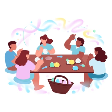 A group of children is gathered around a wooden table, focused on painting and decorating Easter eggs. The table is covered with vibrant paints in various shades of blue, pink, yellow, and green, along with brushes and palettes. Each child is engaged in their own activity; one child is carefully applying dots to a white egg, while another is swirling colors together on a bright yellow egg. Nearby, an open basket holds a collection of already decorated eggs in a variety of colors and patterns. The background features colorful streamers and decorative elements that reflect the festive atmosphere of Easter.