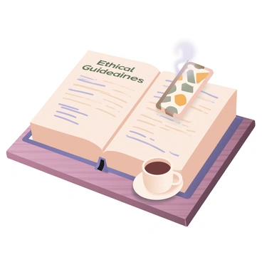 A digital flat illustration of an open book titled "Ethical Guidelines" with a textured cover. The pages are visible, displaying neatly written notes in blue ink, highlighting key sections. A colorful bookmark is inserted in the middle of the book, sticking out prominently, with a pattern of geometric shapes in green and orange. The book lies on a wooden table surface, with a soft shadow cast beneath it, suggesting a cozy reading environment. A small cup of coffee sits to the side of the book, steam gently rising from it.