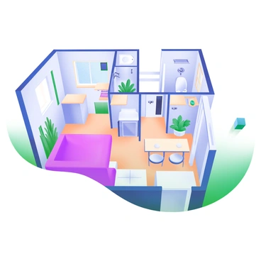 A detailed floor plan of a cozy tiny apartment featuring a cleverly designed multifunctional space. The layout includes a living area with a compact sofa that can convert into a bed. Adjacent to it is a small dining table with two chairs that can be tucked away when not in use. The kitchen area is compact, showcasing built-in appliances and overhead cabinets for storage. A corner nook contains a small desk for a workspace, surrounded by potted plants for a touch of greenery. The bathroom is efficiently designed, featuring a shower, toilet, and sink with storage underneath. Each area is thoughtfully arranged to maximize the use of space while maintaining an inviting atmosphere.