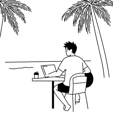 A millennial working on a laptop at a beachside cafe with palm trees in the background