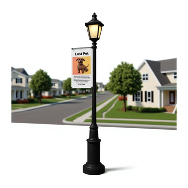 A tall black lamp post with a classic design stands in a residential neighborhood. The post is adorned with a warm white light illuminating the area. Attached to the post, there is a colorful flyer that reads "Lost Pet" in bold letters. The flyer features a picture of a small brown dog with floppy ears and a wagging tail. Below the image, there are details about the lost pet, including a contact number written in black ink. The surrounding neighborhood consists of quaint houses with well-maintained gardens and green lawns, creating a welcoming atmosphere.