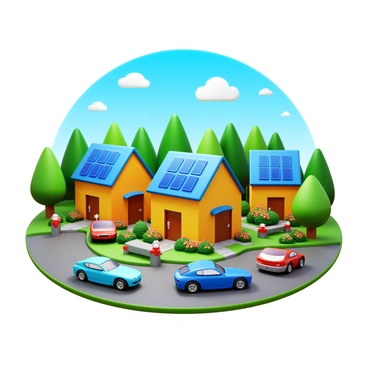 A small town with eco-friendly houses made of sustainable materials. Each house features solar panels on the roofs and green gardens with native plants. The streets are lined with electric cars parked neatly, showcasing their modern designs. Lush trees and vibrant flowers surround the homes, blending seamlessly with the natural landscape. A clear blue sky overhead adds to the atmosphere of harmony with nature.