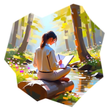 An artist with medium brown hair tied back is sitting on a weathered log in a lush forest. She is wearing a comfortable, earth-toned outfit and is focused on sketching in her notebook. Surrounding her are tall green trees with dappled sunlight filtering through the leaves. Various wildflowers can be seen dotting the forest floor, adding splashes of color. In the background, a gentle brook flows, and the sounds of birds singing can be heard as the artist becomes immersed in her creative process.