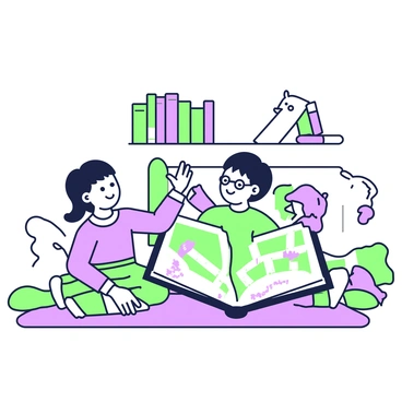 A group of three children are sitting on a colorful rug in a well-lit room, each of them holding an open storybook. The first child, a girl with pigtails, is pointing excitedly at an illustration of a castle, while a boy next to her is leaning closer, examining a small dragon in the corner of the page. The third child, a boy with glasses, is using his finger to trace a winding path depicted in the story, looking thoughtful. Around them, various plush toys and cushions are scattered, adding to the cozy atmosphere. A shelf in the background holds more storybooks, neatly arranged.