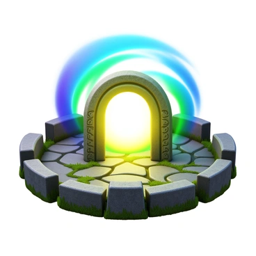A glowing mystical portal emits a bright light, situated in the center of an ancient stone circle. The stones are weathered and covered in moss, displaying intricate carvings. Around the portal, swirling colors of blue, green, and purple create a dynamic visual effect, suggesting movement and energy. The ground is uneven, with patches of grass and small rocks scattered around, enhancing the sense of an ancient site.