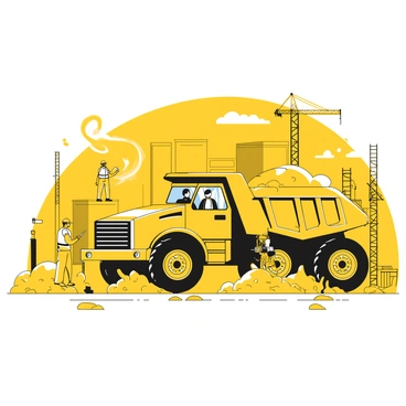 A yellow construction truck is positioned prominently, loaded with gravel in its bed. The truck has large wheels and a sturdy build, with a visible driver's cabin. Surrounding the truck, construction workers in safety vests and helmets are engaged in various tasks, such as operating machinery and inspecting materials. In the background, there are partially constructed buildings with scaffolding and construction equipment scattered around the site. Dust rises in the air, indicating a bustling and active environment.