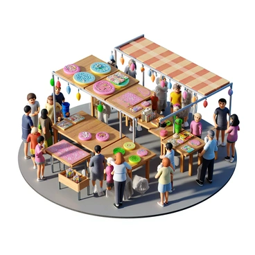 A bustling market stall filled with colorful, decorative implant covers in various styles and designs. The stall has a wooden table displaying a vibrant assortment of covers, including floral patterns, geometric shapes, and whimsical characters. Each cover is crafted from soft, durable material, showcasing bright colors like pink, blue, green, and yellow. There are several shoppers browsing the selection, examining the covers closely. The background features other market stalls, and there are hanging decorations above the stall, adding to the lively atmosphere. The sun is shining brightly, illuminating the cheerful scene.