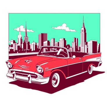 A digital photo illustration styled like a vintage movie poster featuring a classic car and iconic landmarks.