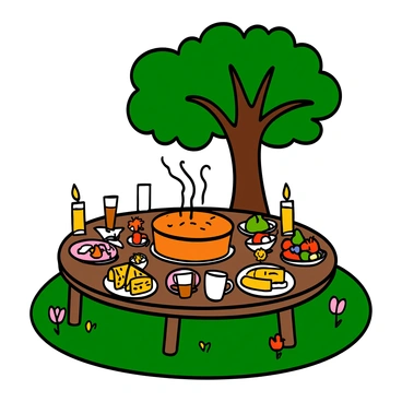 A large, round wooden table set in a lush green meadow under a sprawling tree. The table is covered with a colorful checkered cloth and is laden with an assortment of delicious foods. There are platters of freshly baked bread, wedges of cheese, and bowls of ripe fruits including apples, berries, and pears. A large pie sits in the center, steaming and golden brown. There are mugs of frothy ale and cups of tea scattered around the table, and a few quaint candles flicker gently in the soft breeze. The tree's leafy branches provide shade, and a few flowers are blooming nearby, adding to the cheerful ambiance of the scene.
