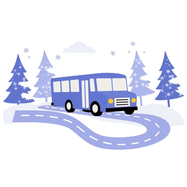 A blue school bus driving along a winding road through a snowy landscape. The bus has large windows and bright yellow headlights that stand out against the white snow. Snow-covered trees line both sides of the road, their branches heavy with glistening snowflakes. The ground is blanketed with fresh snow, reflecting the soft light of a cloudy sky. There are gentle snowflakes falling from above, adding to the winter scene.