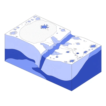 An illustration depicting the ocean floor spreading at a mid-ocean ridge. There are two tectonic plates diverging from each other, with magma rising up between them to create new oceanic crust. The ocean floor features rift valleys and the newly formed crust appears jagged. On one side of the illustration, there is a subduction zone where one tectonic plate is sliding beneath another. The subducting plate is slightly tilted, and there are deep ocean trenches visible as a result of this process. Surrounding the plates, there are various geological features such as underwater volcanoes and sediment deposits.