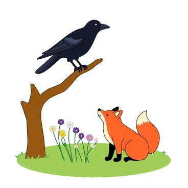 A black crow with shiny feathers is perched on a sturdy brown branch that extends from a green tree. Below the branch, a red fox with a fluffy tail sits on the grass, looking up at the crow. The ground is dotted with colorful wildflowers in shades of purple, yellow, and white. The sky is clear, casting a warm light on the scene, enhancing the vibrant colors of the flowers and the animals. The fox's ears are perked up, showing curiosity as it gazes at the crow, while the crow tilts its head slightly, observing its surroundings.