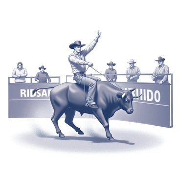 A bull rider is in the center of the image, gripping the bull's rope tightly with one hand raised high for balance. The bull is bucking aggressively, its muscular body tensed and its tail flaring. The rider is wearing a cowboy hat, a protective vest, and boots, showcasing determination on his face. Surrounding the bull are several spectators in the background, fully engaged with the action, some standing and others seated. A rodeo arena fence encloses the scene, with dust swirling around from the movement of the bull. "Rodeo" is written in bold letters above the scene.