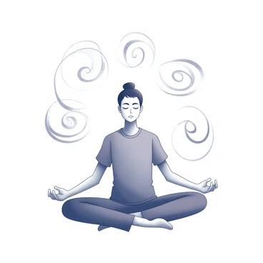 A person seated in a cross-legged position, eyes closed, engaged in meditation. The figure is centered in the image, with their hands resting on their knees. Surrounding the person are abstract swirls that convey a sense of movement and flow. The swirls are intricately designed, creating a visual representation of internal feelings. The environment is simple and uncluttered, emphasizing the meditative state of the individual. The overall composition focuses on the peaceful posture and the dynamic lines around them.
