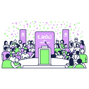 A large crowd is gathered in a spacious auditorium for a product launch event. At the front of the room, a stage is set up, prominently displaying a podium with a microphone. On the podium, there is a sleek new product prominently featured on a display stand. Colorful confetti is falling from the ceiling, creating a festive atmosphere. The audience consists of people of various ages and ethnicities, some sitting while others stand in excitement, all focused on the stage. Banners with the product's logo are hung in the background, enhancing the lively scene.