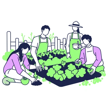 A community garden filled with lush soil beds and vibrant plants. In the foreground, a group of four people are actively planting vegetables and herbs. On the left, a woman with long hair is kneeling next to a bed, gently placing small seedlings into the earth. Next to her, a man with a hat is using a trowel to dig a small hole in the soil, ready to plant a tomato seedling. In the background, a couple is standing side by side, one holding a watering can while the other is adding mulch around freshly planted herbs. Vibrant green leaves and herbs like basil and cilantro are visible throughout the garden. Rows of vegetables, including lettuce and carrots, can be seen growing in neat lines across the garden. A wooden fence outlines the garden area.